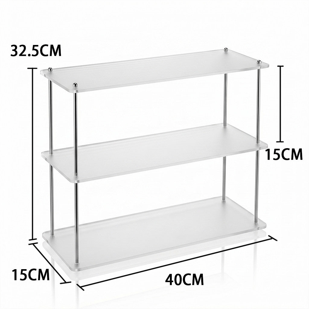 Minimalist acrylic display shelf for cups and cosmetics.