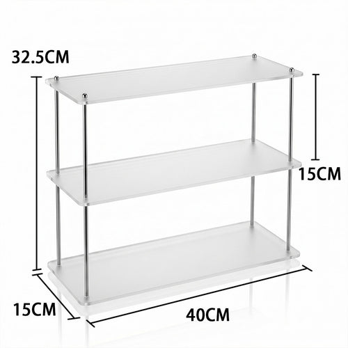 Minimalist acrylic display shelf for cups and cosmetics.